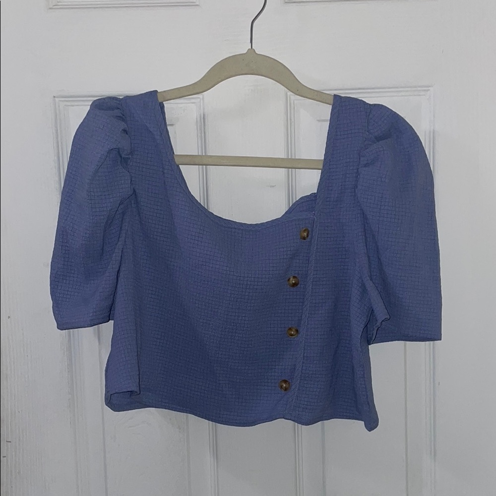 Blue Puff Sleeve Button Top and Bottom (2 Piece Set)